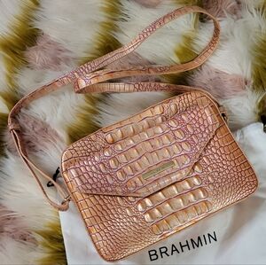 Brahmin Pink Crocodile Embossed Women's Bag Apricot Rose Satchel Purse Pink
